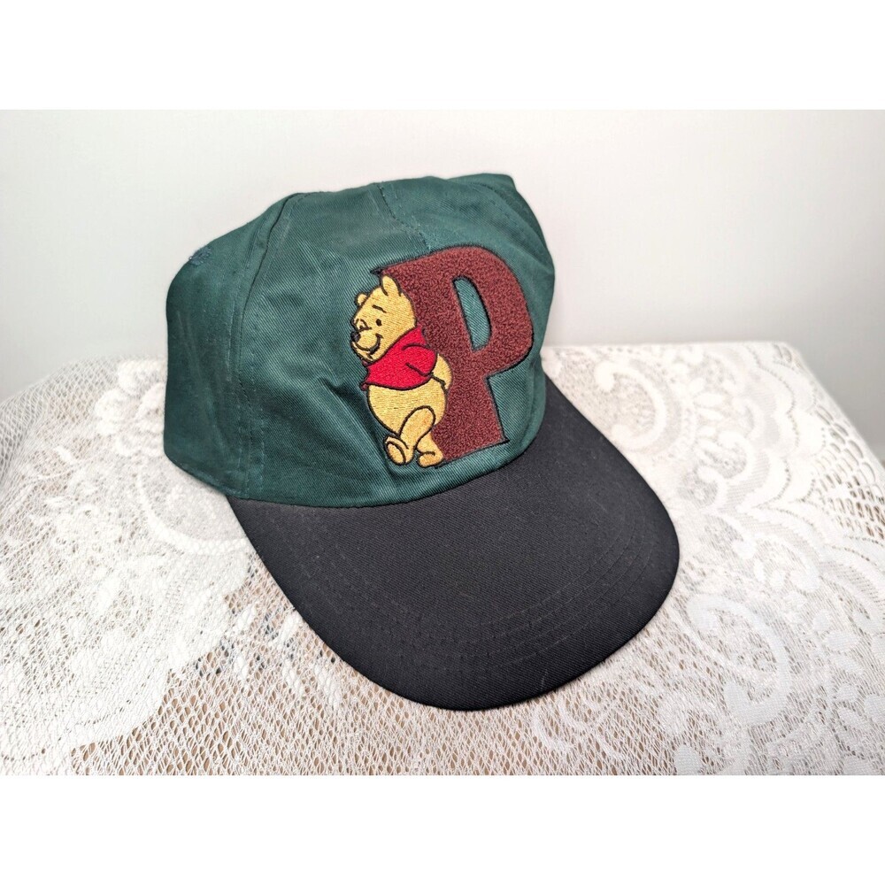 VTG Winnie The Pooh "P" Letter Hat 90s Streetwear Cap Green Two Tone OS Elastic